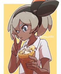 1girl :t bea_(pokemon) border bow_hairband closed_mouth collarbone collared_shirt commentary_request creatures_(company) crepe dark-skinned_female dark_skin eating eyelashes food food_on_face game_freak grey_eyes hairband highres holding kotobukkii_(yt_lvlv) light_blush nintendo outside_border pokemon pokemon_swsh shirt short_hair short_sleeves solo twitter_username upper_body white_border yellow_background