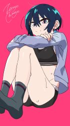 1girl alternate_hair_color amate_yuzuriha artist_name black_bra black_hair black_panties black_socks bra commentary gundam gundam_gquuuuuux hashtag-only_commentary highres looking_at_viewer panties red_background short_hair simple_background socks soles solo sports_bra sweat underwear zetsuyo_chimayo
