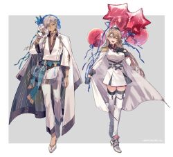Rule 34 | 1boy, 1girl, :d, aqua ribbon, aqua sash, arm at side, arm cutout, balloon, belt, black belt, black coat, black gloves, black sash, black shirt, black thighhighs, blue eyes, blue flower, blue ribbon, boots, border, bouquet, bracelet, brown hair, buttons, cape, closed mouth, clothing cutout, coat, coat dress, coat on shoulders, collarbone, collared shirt, copyright notice, cross tie, curtained hair, dark-skinned male, dark skin, double-breasted, dress, earrings, epaulettes, flats, flower, fold-over boots, fringe trim, full body, furen e lustario, garrison cap, gloves, gold bracelet, gold choker, gold earrings, grey background, grey hair, hair between eyes, hand on own chest, hand up, hat, head chain, high heel boots, high heels, holding, holding balloon, holding bouquet, ibrahim (nijisanji), jewelry, kurohal, lavender (flower), light blush, long hair, long sleeves, looking at viewer, meifu (nijisanji), military uniform, nijisanji, official art, open mouth, outside border, pants, pendant choker, red eyes, ribbon, sabaton, sample watermark, sash, shirt, shoes, short dress, short hair, side-by-side, side part, simple background, sleeve cuffs, smile, standing, star balloon, striped coat, teeth, thigh boots, thighhighs, three-quarter sleeves, two-sided coat, two-sided fabric, upper teeth only, v-neck, very long hair, virtual youtuber, watermark, white boots, white border, white cape, white coat, white dress, white hat, white pants, white shirt, white shoes
