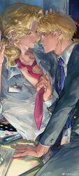 Rule 34 | 2boys, absurdres, axis powers hetalia, bear270901, blonde hair, blue eyes, clothes grab, collared shirt, face-to-face, facial hair, formal clothes, france (hetalia), goatee stubble, green eyes, highres, id card, jacket, lanyard, long hair, looking at another, male focus, medium hair, multiple boys, necktie, necktie grab, neckwear grab, ponytail, profile, shirt, short hair, smile, stubble, suit, thick eyebrows, united kingdom (hetalia), white shirt, yaoi