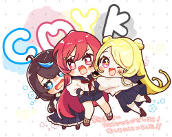3girls :3 arataka_mimi black_hair black_shorts black_skirt blonde_hair blue_eyes blush chibi cmyk:_sameda_kazuou_wa_chuunibyou_ga_naosenai commentary_request copyright_name cross-shaped_pupils double_bun frown hair_bun hair_over_one_eye hiding hiding_behind_another highres ikezaki_shian jumping long_hair looking_at_viewer multicolored_eyes multiple_girls neckerchief one_eye_closed open_mouth oyasumi_makura pink_eyes pleated_skirt red_eyes red_hair red_neckerchief scared shirt short_shorts shorts side_up_bun skirt smile standing symbol-shaped_pupils tasogare_kiiro two-tone_eyes v-shaped_eyebrows white_background white_shirt yellow_eyes