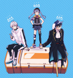 1girl 2boys ^_^ apex_legends beret black_headwear black_jacket blue_background blue_eyes blue_skirt closed_eyes crazy_raccoon eto_(etupirkadr) hair_behind_ear hat hook_hand jacket knee_pads mondo_(crazy_raccoon) multiple_boys nijisanji one_eye_covered peg_leg pirate reignite single_knee_pad single_thighhigh sitting skirt sleeveless sleeveless_jacket smile tempplex thighhighs v virtual_youtuber white_hair white_jacket yuuki_chihiro yuuki_chihiro_(10th_costume)