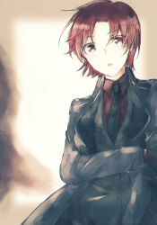 Rule 34 | 1girl, amato nagi, bazett fraga mcremitz, black coat, black gloves, black necktie, black suit, brown eyes, coat, commentary request, fate/hollow ataraxia, fate (series), formal clothes, gloves, highres, necktie, red hair, red shirt, shirt, short hair, solo, suit, upper body