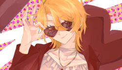 Rule 34 | 1girl, alternate costume, blonde hair, don quixote (project moon), earrings, heart, heart-shaped eyewear, highres, jacket, jewelry, limbus company, looking at viewer, necklace, parted bangs, project moon, red jacket, shirt, short hair, simple background, smile, solo, ss0 520, sunglasses, upper body, white shirt, yellow eyes