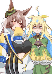2girls :i ahoge animal_ears ascot asymmetrical_sidelocks bandeau black_ascot black_bandeau blonde_hair blue_eyes blue_gemstone blue_hair blunt_tresses breast_envy breasts bright_pupils brown_hair colored_inner_hair commentary commission cosplay costume_switch ear_ornament ears_down envy frilled_sleeves frills fumitonkatsu gem hair_between_eyes highres horse_ears horse_girl jacket large_breasts layered_sleeves light_brown_hair long_hair long_sleeves looking_at_viewer midriff multicolored_hair multiple_girls navel neo_universe_(umamusume) neo_universe_(umamusume)_(cosplay) open_clothes open_jacket satono_diamond_(umamusume) satono_diamond_(umamusume)_(cosplay) sidelocks sideways_glance skeb_commission sleeves_past_fingers sleeves_past_wrists two-tone_hair umamusume