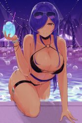 1girl arm_support azur_lane bikini breasts bubble drink drinking_straw highres large_breasts long_hair night o-ring o-ring_bikini pool purple_hair red_eyes sunglasses swimsuit trento_(azur_lane) trento_(summer&#039;s_hotness?)_(azur_lane) umiya_mizuki water