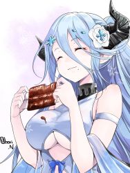 1girl armband bare_shoulders blue_hair blush breasts closed_eyes clothing_cutout draph eating female_focus flower food granblue_fantasy hair_between_eyes hair_flower hair_ornament halterneck highres horns izmir izmir_(summer)_(granblue_fantasy) large_breasts long_hair mole mole_under_mouth nino_(shira) one-piece_swimsuit pointy_ears ponytail sash simple_background smile snowflake_hair_ornament snowflakes solo swimsuit underboob underboob_cutout very_long_hair white_background white_one-piece_swimsuit
