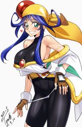 Rule 34 | 1girl, absurdres, bandana, black bodysuit, blue hair, bodysuit, breasts, brown gloves, dated, gloves, green eyes, grin, hair ornament, hat, highres, japanese clothes, large breasts, lime (saber j), long hair, panties, panties over bodysuit, panty pull, saber marionette j, sidelocks, signature, simple background, sleeveless turtleneck bodysuit, smile, solo, standing, turtleneck, turtleneck bodysuit, underwear, white background, yellow bandana, yellow hat, yoo tenchi