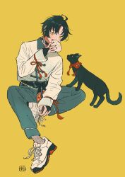 Rule 34 | 1boy, alternate costume, asaba harumasa, black cat, black choker, black hair, black nails, blue pants, cat, chinese clothes, choker, commentary request, earrings, food, full body, highres, holding, jewelry, long sleeves, male focus, nail polish, orange eyes, pants, shiro chan46, shoes, simple background, sitting, sneakers, steamed bun, tassel, tassel earrings, white shoes, yellow background, zenless zone zero