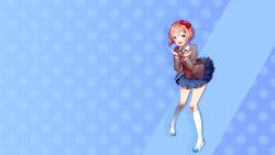 Rule 34 | 1girl, :d, blazer, blue background, blue eyes, blue skirt, blush, bow, breasts, brown hair, brown sweater vest, buttons, collared shirt, contrapposto, curled fingers, doki doki literature club, doki doki literature club plus, doki doki literature club school uniform, dot nose, double-parted bangs, dress shirt, drop shadow, excited, eyebrows hidden by hair, game cg, grey jacket, grin, hair between eyes, hair bow, hair intakes, highres, jacket, kneehighs, knees together feet apart, leaning forward, long eyelashes, long sleeves, looking at viewer, mary janes, medium breasts, miniskirt, neck ribbon, non-web source, official art, official wallpaper, open clothes, open jacket, open mouth, parted hair, pleated skirt, polka dot, polka dot background, raised eyebrows, raised inner eyebrows, red bow, red ribbon, ribbon, satchely, sayori (doki doki literature club), school uniform, shirt, shoes, short hair, skirt, smile, socks, solo, sweater vest, teeth, thick eyelashes, thighs, upper teeth only, v-neck, wavy hair, white shirt, white shoes, white socks, wide-eyed, wing collar
