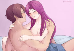 1boy 1girl absurdres asamiya_athena bed bed_sheet bedroom breasts brown_hair charlyarts couple hetero highres hug idol jewelry kusanagi_kyou male_and_female_focus nude pink_hair psycho_soldier purple_hair ring sex snk the_king_of_fighters wedding_ring