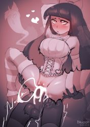 1futa 1girl :o bikupan blush breasts clothed_sex corset cum cum_in_pussy ejaculation futa_with_female futanari heart heart-shaped_pupils highres horn kneesocks_(psg) large_breasts large_penis leg_grab legs_up long_hair looking_at_viewer open_mouth panty_&amp;_stocking_with_garterbelt penis pussy sex sex_from_behind standing stocking_(psg) symbol-shaped_pupils testicles thighhighs trembling uncensored vaginal