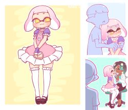 Rule 34 | 1boy, 2girls, :&lt;, :3, alternate costume, aqua hair, aqua shirt, artist name, black hair, black pants, black shoes, blush, bowl cut, chair, choker, closed mouth, commentary, dark-skinned female, dark skin, doctor, dress, english commentary, eyelashes, faceless, faceless male, frown, gradient hair, green eyes, hand on another&#039;s arm, high heels, holding, holding stethoscope, inkling, jacket, long sleeves, marina (splatoon), medium hair, mike inel, multicolored hair, multiple girls, nintendo, octoling, on chair, open clothes, open jacket, open mouth, pants, pearl (splatoon), pink dress, pink hair, pointy ears, puffy short sleeves, puffy sleeves, purple choker, purple jacket, shirt, shoes, short hair, short sleeves, sitting, smile, splatoon (series), splatoon 2, star-shaped pupils, star (symbol), stethoscope, stethoscope around neck, swivel chair, symbol-shaped pupils, tentacle hair, thighhighs, undercut, very short hair, white jacket, white thighhighs, yellow eyes, yuri, zettai ryouiki
