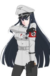 1girl armband black_cat03 black_eyes black_gloves black_hair black_hat black_pants closed_mouth cross frown gloves gun hat highres holding holding_gun holding_weapon iron_cross jacket kill_la_kill kiryuuin_satsuki long_hair looking_at_viewer military_dress_uniform military_uniform nazi pants peaked_cap red_armband simple_background solo ss_insignia ss_uniform swastika thick_eyebrows totenkopf waffen-ss weapon white_background white_hat white_jacket