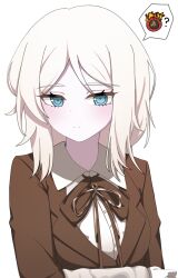 1girl ? absurdres blue_eyes bow brown_bow brown_jacket brown_ribbon clock collared_shirt commentary_request dante_(limbus_company) dress_shirt faust_(project_moon) fire highres jacket limbus_company long_hair looking_at_viewer project_moon ribbon shirt simple_background solo spoken_character spoken_question_mark sprout_(haji_s) upper_body white_background white_hair white_shirt