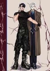 Rule 34 | 2boys, absurdres, alternate costume, alternate hair length, alternate hairstyle, black gloves, black hair, black jacket, black pants, black shirt, black shoes, black socks, blue eyes, blue hair, blue necktie, blue vest, boots, brown coat, camouflage, camouflage pants, cane, closed mouth, coat, collared shirt, commentary, compression shirt, contemporary, covered abs, crescent (cgcrescent), cross-laced shoes, curtained hair, english commentary, expressionless, facing viewer, fingerless gloves, full body, genshin impact, gloves, grey background, grey hair, hair between eyes, hand on headset, headset, highres, holding, holding cane, jacket, lace-up boots, long sleeves, looking at another, male focus, multicolored hair, multiple boys, necktie, neuvillette (genshin impact), open clothes, open coat, open mouth, outline, outstretched arm, pants, pants tucked in, pectorals, pointy ears, protecting, purple eyes, red background, scar, scar on arm, scar on face, scar on neck, shirt, shoes, short hair, short sleeves, side part, sideways glance, socks, straight-on, streaked hair, trench coat, turtleneck, turtleneck shirt, two-tone background, vest, white hair, white outline, white shirt, wriothesley (genshin impact)