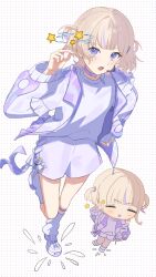 1girl absurdres blue_eyes chibi chibi_inset choker colored_tips commentary dotted_background fang full_body highres hololive hololive_dev_is jacket kuji_(orca9ji) leg_warmers microphone multicolored_hair open_clothes open_jacket open_mouth purple_choker purple_jacket purple_streaks shirt shoes shorts star_(symbol) symbol-only_commentary todoroki_hajime todoroki_hajime_(1st_costume) two_side_up virtual_youtuber white_leg_warmers white_shirt white_shoes white_shorts