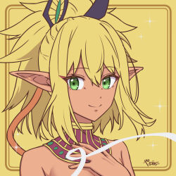 Rule 34 | 1girl, bare shoulders, blonde hair, close-up, closed mouth, dark-skinned female, dark elf, dark skin, elf, green eyes, high ponytail, long hair, pointy ears, ponytail, raniya (sentai red ga isekai de boukensha ni naru), sentai red ga isekai de boukensha ni naru, simple background, smile, solo, sparkle, yanagimachi, yellow background