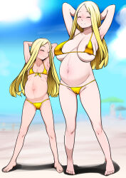 2girls armpits arms_behind_head barefoot beach big_belly bikini blonde_hair blue_eyes blurry blurry_background blush breasts cameltoe cleavage closed_mouth dark_areolae full_body gold_bikini groin highres j7w large_breasts legs_apart loli long_hair looking_at_viewer multiple_girls navel original pregnant pregnant_loli sagging_breasts small_breasts smile stomach swimsuit toes
