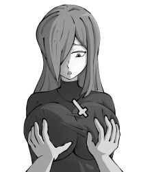 1girl black_shirt black_sweater breasts cross grabbing_another&#039;s_breast groping hair_over_face hair_over_one_eye half-closed_eyes highres huge_breasts long_hair looking_to_the_side massage open_mouth parasoul_(skullgirls) pov ryehry shirt skullgirls straight_hair sweater upper_body white_background