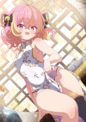 1girl absurdres ahoge architecture bare_arms bell black_panties black_thighhighs blonde_hair blush breasts china_dress chinese_clothes clothes_lift collared_dress commentary_request commission covered_navel crossed_bangs dress dress_lift east_asian_architecture hair_bell hair_between_eyes hair_ornament hair_ribbon highres indoors lifting_own_clothes looking_at_viewer medium_hair multicolored_hair original panties pink_eyes pink_hair ribbon shiro9jira single_thighhigh sitting skeb_commission sleeveless sleeveless_dress small_breasts smile thighhighs thighs two-tone_hair underwear white_dress