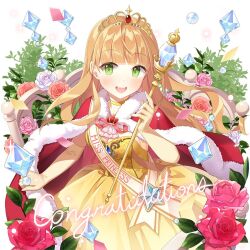 1girl blonde_hair blunt_bangs dress elbow_gloves flower gloves gold_tiara green_eyes holding holding_wand jewelry lina_princella long_hair rose salt_(salty) tasuki uchi_no_hime-sama_ga_ichiban_kawaii very_long_hair wand yellow_dress yellow_gloves