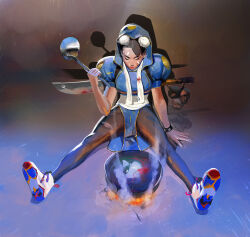 1girl absurdres air_jordan alexandre_mahboubi bracelet bun_cover capcom chinese_clothes chun-li commentary double_bun english_commentary hair_bun highres holding holding_ladle hood hood_up jewelry ladle pantyhose solo street_fighter