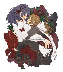 2girls 404no2929 black_hair black_shirt blush bow brown_hair christmas closed_mouth commentary_request corset earrings eye_contact german_text jewelry long_hair looking_at_another miya_(404no2929) multiple_girls open_mouth original pantyhose red_bow red_corset shion_(404no2929) shirt simple_background smile white_background white_pantyhose white_shirt wreath yuri
