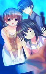 Rule 34 | 1boy, 2girls, :d, against glass, aquarium, black hair, blue eyes, blue hair, blurry, breasts, brown eyes, brown hair, casual, cheek on glass, cheek press, clannad, closed mouth, commentary request, depth of field, family, flat chest, hand on glass, highres, hood, hood down, hoodie, husband and wife, ibuki fuuko, ibuki kouko, long hair, long sleeves, looking at animal, looking at viewer, multiple girls, one eye closed, open mouth, orange shirt, parted lips, shirt, short hair, siblings, sidelocks, sisters, skirt, small breasts, smile, split mouth, starfish, underwater, v-shaped eyebrows, white skirt, yoanium, yoshino yuusuke