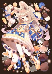 1girl :3 animal_ears bandaid boots bubble_tea carrot cellphone commentary_request constricted_pupils drinking_straw female_focus full_body helmet highres looking_at_viewer octopus open_mouth original phone rabbit_ears rocket saijo1201 signature solo space space_helmet star_(sky) star_(symbol) stuffed_animal stuffed_rabbit stuffed_toy wide_sleeves