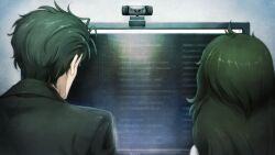 1boy 1girl ahoge beard_stubble black_hair black_jacket coat computer facial_hair from_behind game_cg green_hair highres hiyajou_maho huke indoors jacket lab_coat long_hair looking_at_object messy_hair monitor non-web_source official_art okabe_rintarou okabe_rintarou_(beta) ringed_eyes short_hair square_pupils steins;gate steins;gate_0 stubble very_long_hair webcam white_coat
