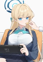 1girl 1other allen.n blonde_hair blue_archive blue_bow blue_bowtie blue_cardigan blue_eyes blue_halo blue_skirt bow bowtie braid brand_name_imitation breasts cardigan chips_(food) collared_shirt commentary dress_shirt eating feeding food halo handheld_game_console highres holding holding_food holding_handheld_game_console large_breasts long_hair long_sleeves miniskirt nintendo_switch_2 open_cardigan open_clothes out_of_frame pleated_skirt potato_chips school_uniform shirt simple_background skirt toki_(blue_archive) toki_(school_uniform)_(blue_archive) white_background white_shirt