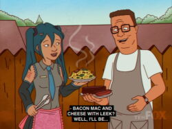 1boy 1girl apron black_sleeves blue_hair blue_necktie commentary detached_sleeves english_commentary english_text fence food glasses grey_apron grey_shirt hank_hill hatsune_miku holding holding_plate holding_tongs house king_of_the_hill long_hair macaroni_and_cheese_(food) mature_male meat mike_judge_(style) necktie open_mouth outdoors pink_apron plate sausage shirt short_hair steam subtitled tehnutball tongs twintails very_short_hair vocaloid waist_apron watch white_shirt wooden_fence wristwatch