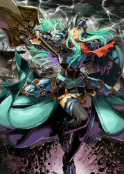 1girl absurdres armor commentary daigoman fire_emblem fire_emblem:_radiant_dawn fire_emblem_cipher green_eyes grey_hair helmet highres holding holding_polearm holding_weapon lightning long_hair nephenee_(fire_emblem) nintendo polearm rain scan shield solo storm thighhighs third-party_source weapon zettai_ryouiki