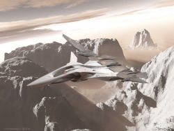 00s 2004 3d aircraft airplane cloud fighter_jet flying frx-99_rafe military military_vehicle mountain no_humans outdoors roman_adam sentou_yousei_yukikaze sky vehicle_focus