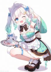 1girl ;d ahoge apron aqua_hair asymmetrical_legwear ayamy black_bow black_garter_straps black_shoes black_skirt blue_eyes bobby_socks bow breasts center_frills cleavage detached_sleeves dress fang frilled_dress frills full_body garter_straps gradient_hair green_dress green_hair hair_ornament hairclip half-heart_hands hand_up highres holding holding_tray indie_virtual_youtuber large_bow long_hair long_sleeves looking_at_viewer maid maid_headdress mary_janes miniskirt mint_fantome mint_fantome_(minto_2.0) multicolored_hair one_eye_closed open_mouth pointy_ears shoes short_hair simple_background single_thighhigh skin_fang skirt skirt_under_dress sleeveless sleeveless_dress smile socks solo squatting striped_clothes striped_dress thighhighs tray triangular_headpiece two_side_up uneven_legwear vertical-striped_clothes vertical-striped_dress virtual_youtuber waist_apron white_apron white_background white_hair white_socks white_thighhighs wisps_(mint_fantome) x_hair_ornament