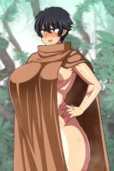 amazon_(taitaitaira) bare_arms black_hair blurry blurry_background breasts dress embarrassed green_dress green_eyes hal_(amazon) hand_on_own_hip highres large_areolae large_breasts legs_out_of_frame long_coat open_mouth original short_hair smile standing sweat tagme tomboy visible_ears