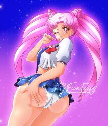 1girl aged_up ass ass_focus bishoujo_senshi_sailor_moon breasts candy chibi_usa crop_top food grabbing_own_ass kgfantasy large_breasts lips lollipop long_hair microskirt one_eye_closed panties pink_eyes pink_hair school_uniform skirt twintails underwear very_long_hair