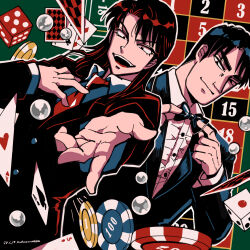 2boys ace_(playing_card) ace_of_hearts ace_of_spades adjusting_bowtie artist_name black_bow black_bowtie black_eyes black_hair black_jacket bow bowtie buttons card closed_mouth collared_shirt commentary dated dice dutch_angle earrings formal_clothes heart highres ichijou_seiya jacket jewelry kaiji long_hair looking_at_viewer male_focus multiple_boys murakami_tamotsu necktie open_mouth pachinko_ball playing_card poker_chip reaching reaching_towards_viewer red_hair red_necktie roulette_table shirt short_hair smile spade_(shape) suit table unknown03162 upper_body white_shirt