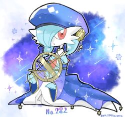 Rule 34 | alternate color, artist name, blue hair, blue headwear, bob cut, colored skin, detached sleeves, gardevoir, gen 3 pokemon, hair over one eye, jewelry, kneeling, looking at viewer, multicolored skin, necklace, nintendo, nm 354banette, parted lips, pink eyes, pokemon, pokemon (creature), shiny pokemon, star (symbol), star necklace, two-tone skin, white skin