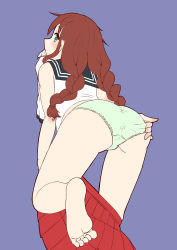 Rule 34 | 10s, 1girl, absurdres, ass, bad id, bad pixiv id, barefoot, bent over, braid, brown hair, clothes pull, feet, female focus, fukuru (2c-mashia), green eyes, green panties, highres, kantai collection, long hair, looking at viewer, looking back, mouth hold, noshiro (kancolle), panties, pleated skirt, satuzintekinak1, school uniform, serafuku, simple background, skirt, skirt pull, solo, twin braids, twintails, underwear, undressing
