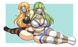 2girls arms_behind_back back-to-back bdsm bikini black_bikini black_legwear blonde_hair blue_eyes blush bondage bound bound_arms bound_legs braid breast_bondage breasts crotch_rope gag green_hair hair_tubes highres improvised_gag jam-orbital kirisame_marisa kochiya_sanae large_breasts legs_together long_hair lying multiple_girls outside_border rope shibari side_braid swimsuit tape tape_gag thighhighs touhou white_bikini white_legwear yellow_eyes