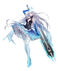 absurdres center_opening claymore_(sword) crown expressionless floating_crown frilled_straps full_body gradient_footwear gradient_skin greatsword grey_hair hair_spread_out hand_up highres holding holding_behind_back holding_sword holding_weapon holding_weapon_behind_back ice long_hair meryl_(tower_of_fantasy) metal_belt official_art shanyao_jiang_tororo solo standing sword tachi-e tower_of_fantasy weapon