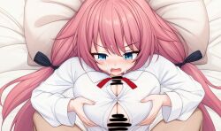 Rule 34 | 1boy, 1girl, after fellatio, bar censor, black bow, blue eyes, blush, bow, breasts, breasts squeezed together, button gap, censored, cleavage, collared shirt, commentary request, commission, cum, cum on body, cum on hair, dutch angle, facial, from above, frown, ghost villager, grabbing own breast, hair between eyes, hair bow, hamidashi creative, head on pillow, hetero, highres, large breasts, long hair, long sleeves, low twintails, lying, neck ribbon, nose blush, on back, on bed, open mouth, paizuri, paizuri under clothes, pillow, pink hair, pixiv commission, pov, pov crotch, red ribbon, ribbon, school uniform, shirt, solo focus, straddling paizuri, tears, tokiwa kano, twintails, upper body, v-shaped eyebrows, variant set, very long hair, white shirt