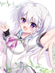 Rule 34 | 1girl, 9-nine-, :d, absurdres, ahoge, belt, blurry, blush, bow, bowtie, braid, breasts, clenched hand, commentary request, cowboy shot, depth of field, dress, drop shadow, eyes visible through hair, floating hair, foreshortening, green ribbon, grey belt, grey hair, hair between eyes, hair ribbon, happy, highres, impossible clothes, leaf, long hair, long sleeves, looking at viewer, medium breasts, niimi sora, open mouth, outstretched arm, outstretched hand, pink bow, pink bowtie, purple eyes, ribbon, ryu9voice, school uniform, side ponytail, sidelocks, simple background, single braid, smile, solo, white background, white dress