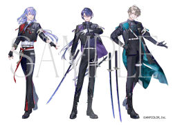 3boys aiguillette alternate_costume aqua_coat arm_at_side belt belt_buckle black_boots black_coat black_gloves black_jacket black_nails black_pants black_shoes blue_eyes boots buckle closed_mouth coat copyright_notice cropped_jacket curtained_hair dress_shirt earrings fingerless_gloves genzuki_toujirou gloves grey_hair grin hair_between_eyes hand_on_own_chest hand_on_own_hip holding holding_sword holding_weapon ishizue_kachiru jacket jewelry kaida_haru katana lace-up_boots long_hair long_sleeves looking_at_viewer low_ponytail male_focus multiple_boys multiple_swords nagao_kei nail_polish nijisanji official_art open_clothes open_coat open_jacket outstretched_arm pankou pants parted_lips ponytail purple_eyes purple_hair purple_jacket purple_shirt red_sash sam_browne_belt sample_watermark sash sheath sheathed shirt shoes short_hair simple_background sleeve_cuffs smile swept_bangs sword tassel tassel_earrings thigh_strap three-quarter_sleeves two-sided_coat two-sided_fabric two-sided_jacket valz virtual_youtuber watermark weapon white_background white_belt white_gloves white_shirt