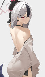 1girl absurdres back backless_dress backless_outfit black_choker black_dress black_hair blue_archive bright_pupils cardigan choker demon_horns demon_wings dress earrings grey_cardigan grey_hair halo highres horns jewelry kayoko_(blue_archive) kayoko_(dress)_(blue_archive) looking_at_viewer official_alternate_costume red_eyes ryoutsu sideways_glance simple_background single_wing solo stud_earrings white_background white_pupils wings