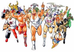 Rule 34 | 1980s (style), 6+boys, abs, alexandria meat, angel wings, ashuraman, biceps, big the budo, blonde hair, brocken jr., buffaloman, chinese clothes, clenched hands, dated, fighting stance, geronimo (kinnikuman), helmet, index finger raised, jumping, kinniku suguru, kinnikuman, kinnikuman (character), kinnikuman soldier, kinnikuman super phoenix, large pectorals, logo, looking at viewer, manly, military, military uniform, monster boy, multiple boys, muscular, neptuneman, oldschool, pectorals, pentagon (character), ramenman, red eyes, retro artstyle, rikishiman, robin mask, running, serious, short hair, shoulder tattoo, signature, smile, springman (kinnikuman), star (symbol), tattoo, terryman, the ninja (kinnikuman), title, warsman, wings, wrestling, wrestling outfit, wristband, yudetamago
