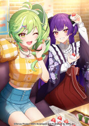 2girls akiru_kamira apple blush breasts denim food fruit green_hair hair_ornament highres jewelry koori_(superumaice) large_breasts long_hair looking_at_viewer medium_breasts multiple_girls necklace nekoashi_tsubomi official_art one_eye_closed open_mouth puffy_sleeves purple_hair short_shorts shorts sitting smile strawberry world_dai_star yellow_eyes