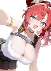 1girl :3 absurdres armband armpits bare_shoulders black_skirt blue_archive blue_eyes blush breasts chest_harness cleavage collarbone fang goggles goggles_on_head hair_between_eyes harness highres large_breasts leaning_forward long_hair looking_at_viewer megu_(blue_archive) open_mouth pleated_skirt pointy_ears red_hair red_trim ribbed_tank_top simple_background skin_fang skirt smile solo standing sweat tank_top white_background white_tank_top yue3621